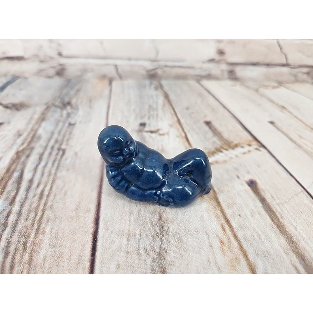 Vintage Mini Ceramic Resting Buddha Figurine Blue Glazed Laying Down Buddha